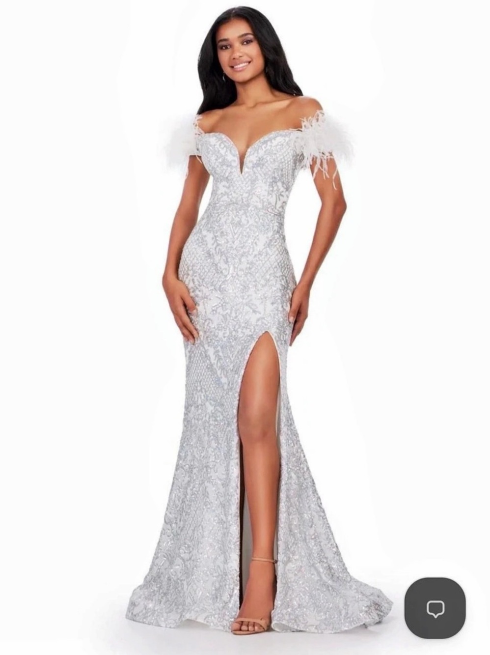 Ashley Lauren Sequin Feather Trim Maxi Dress in Silver Size 2 NWT